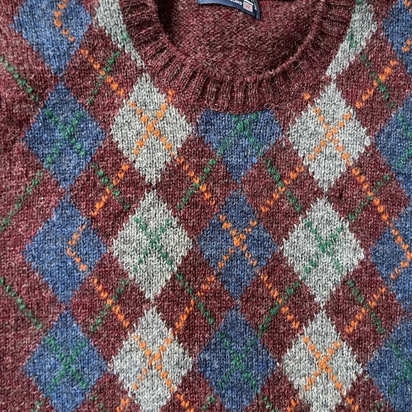 Vintage Made in England 100% Wool Argyle Sweater L – Burgundy Heather, Blue/Grey - Picture 4 of 9